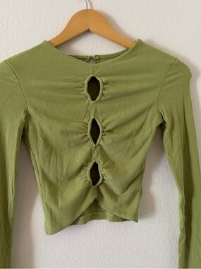 Ribbed Olive Green Keyhole Long-Sleeve Top